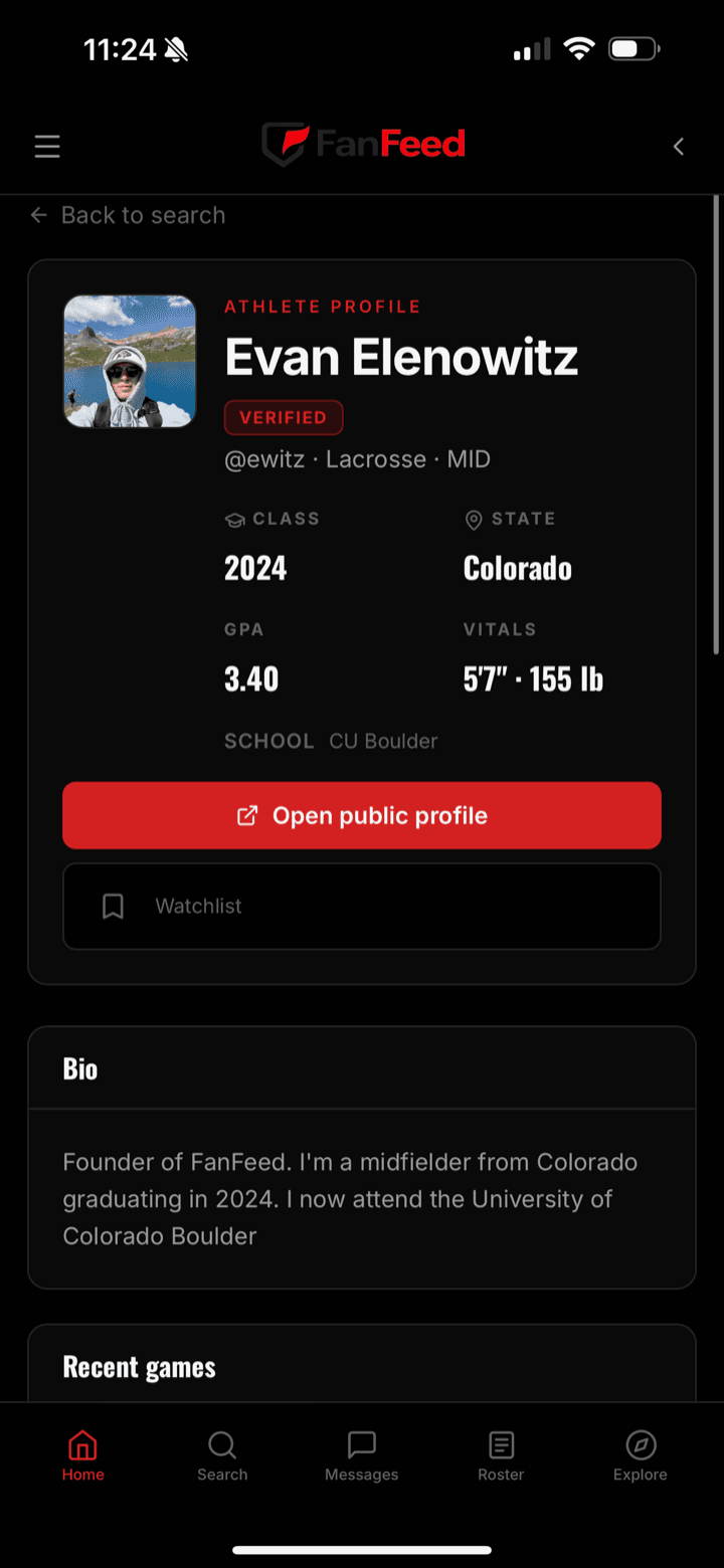 FanFeed coach search on mobile — verified athletes, filters, and watchlists in your pocket