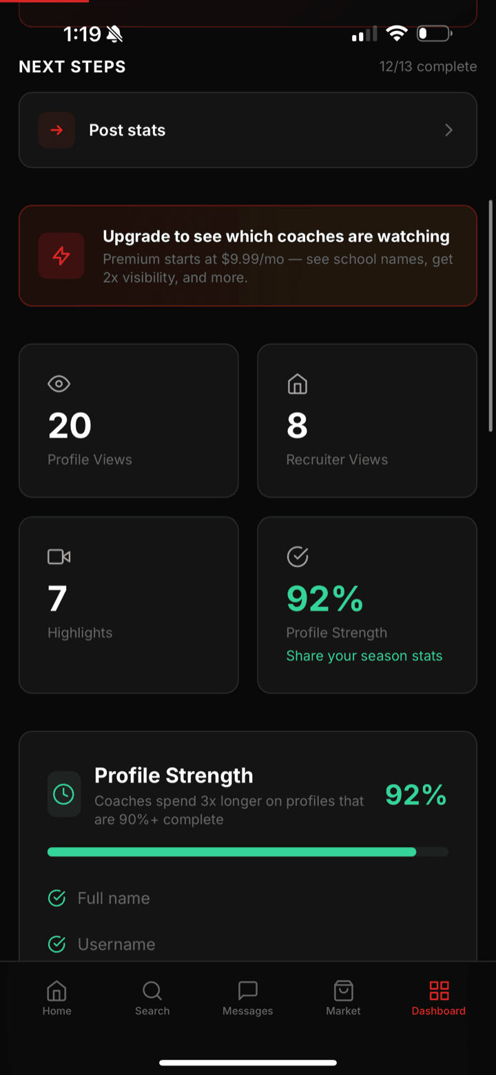 The FanFeed athlete dashboard — coach views, profile views, and recruiter activity