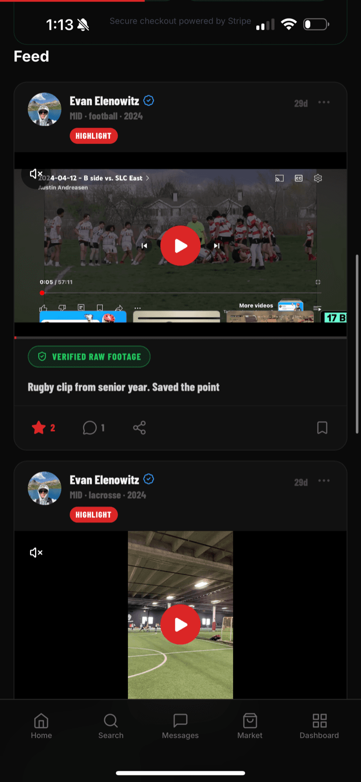 A FanFeed athlete recruiting profile — stats, highlights, and verified badge