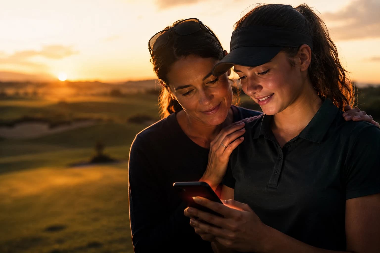 A mother and her daughter on a golf course at golden hour, looking together at a phone showing a coach just viewed her profile