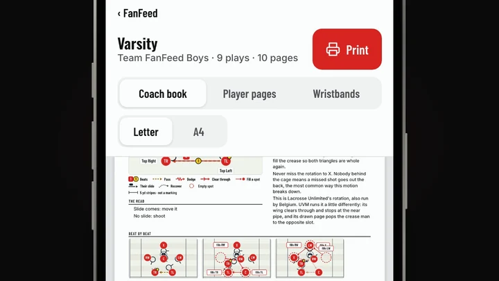 The print page for the Varsity book: Coach book, Player pages or Wristbands, Letter or A4, and a play page with its beats.