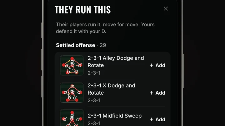 The Scout page on a game: their plays, picked from a list grouped by situation with a picture of each.