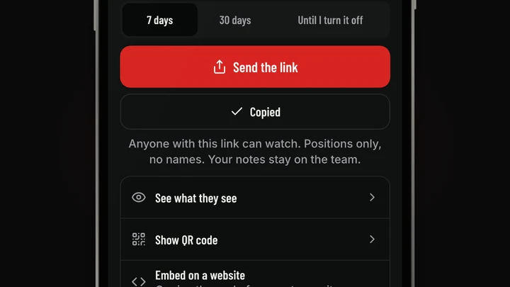 Share a link: Send the link opens the phone’s share sheet, positions only, no names.