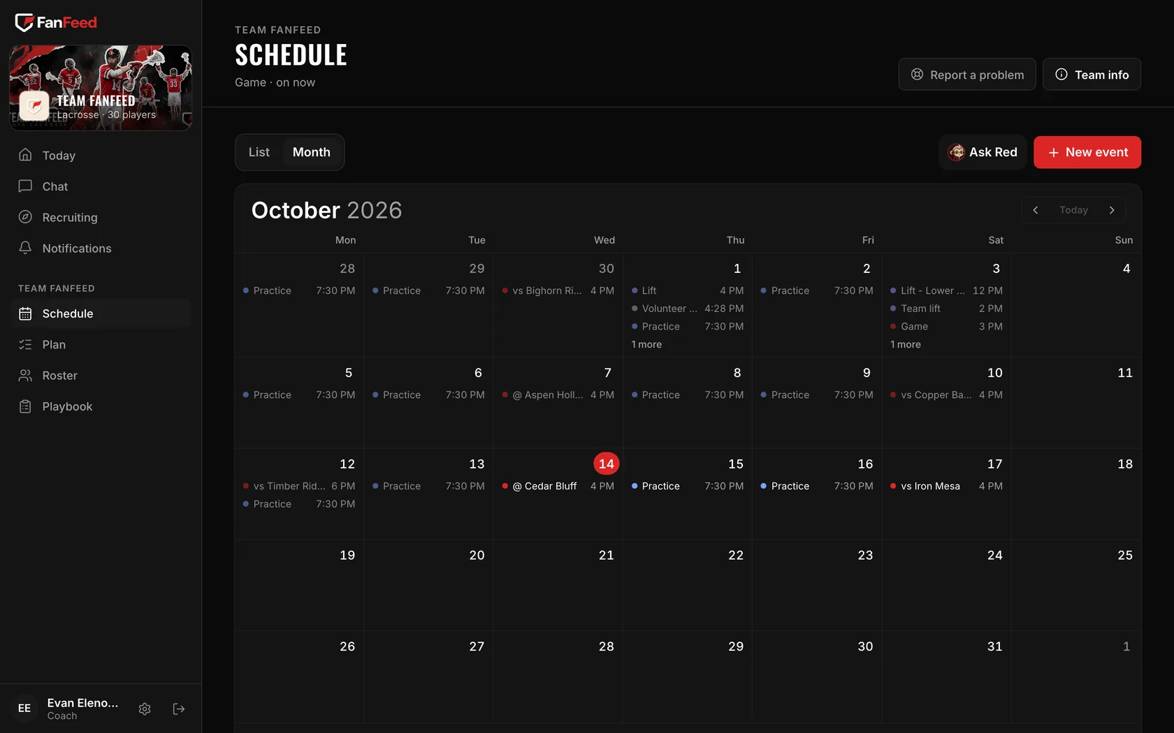 FanFeed on a computer: the team sidebar on the left and the October schedule as a full month calendar (FanFeed's demo team).