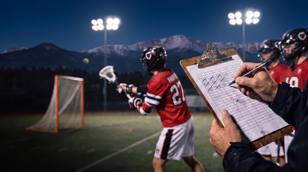 A coach's hands marking up a paper stat sheet on a clipboard under the floodlights, a player shooting on goal behind him and the mountains beyond the field.
