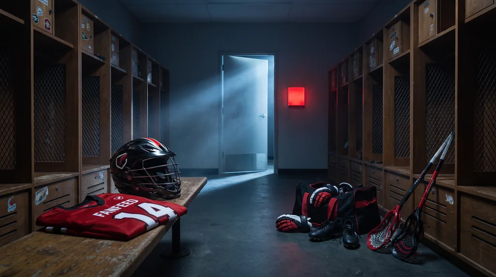 A dark lacrosse locker room, a shaft of light through the door onto a helmet and a folded red FanFeed 14 jersey on the bench.
